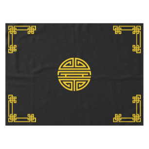 Chinese Motif Pattern Gold on Black Tablecloth