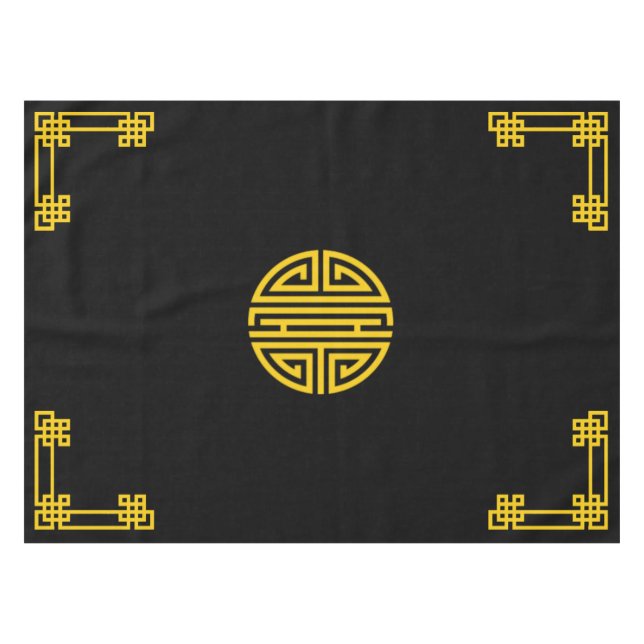 Chinese Motif Pattern Gold on Black Tablecloth (Front (Horizontal))