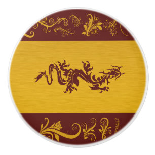 Chinese Mythology Dragon, Swirls - Gold Red Ceramic Knob