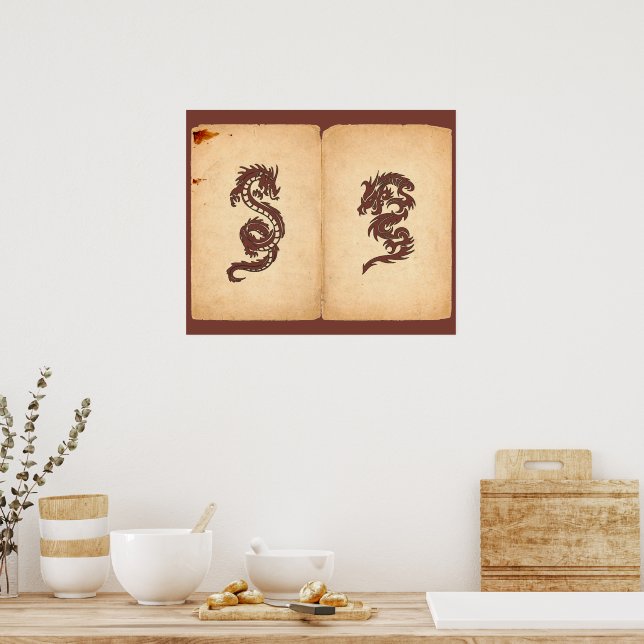 Chinese Mythology Dragons, Old Paper - Red Orange Poster (Kitchen)