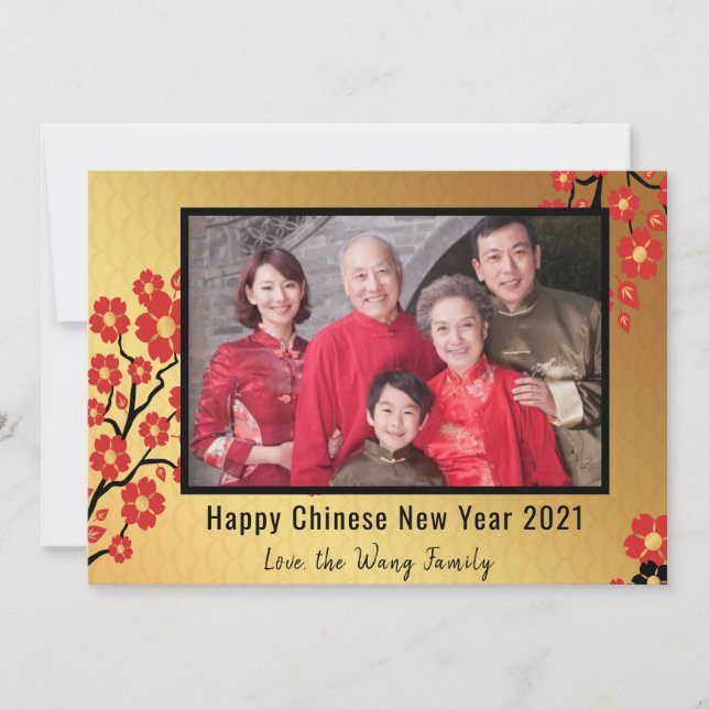 Chinese new year 2021 family photo floral gold hol holiday card (Front)