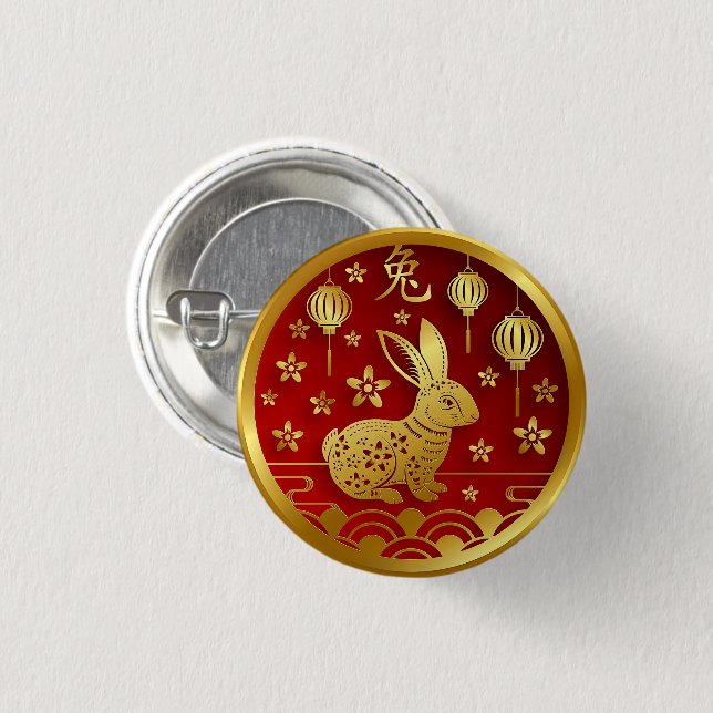 Chinese New Year 2023  Rabbit  Red Gold  1 Inch Round Button (Front & Back)