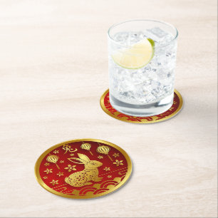 Chinese New Year 2023  Rabbit  Red Gold  Round Paper Coaster