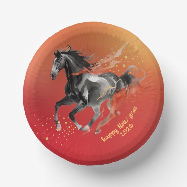 Chinese New Year 2026 Horse Ink New Year Party Paper Plate (Front)