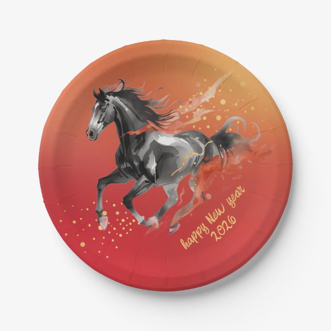 Chinese New Year 2026 Horse Ink New Year Party Paper Plate (Front)