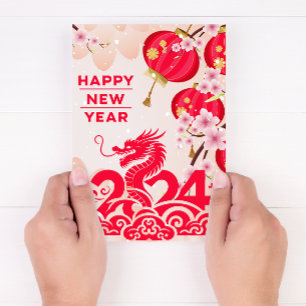 Chinese New Year Dragon 2024 Lunar New Year Pink Holiday Card