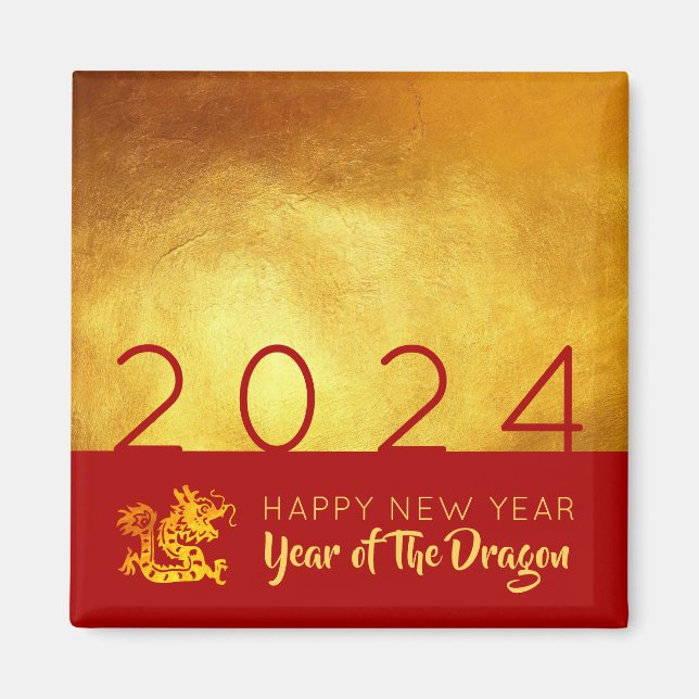 Chinese New Year Dragon 2024 Red Gold SqM Magnet (Front)