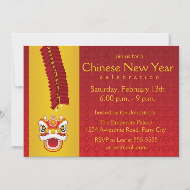 Chinese New Year Dragon and Firecrackers Invitation (Front)