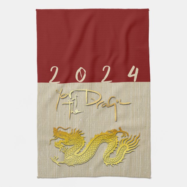Chinese New Year Dragon gold paper-cut Zodiac KT Kitchen Towel (Vertical)