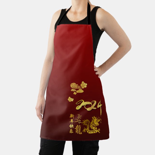 Chinese New Year Dragon paper-cut 2024 Gold Clouds Apron (Insitu)