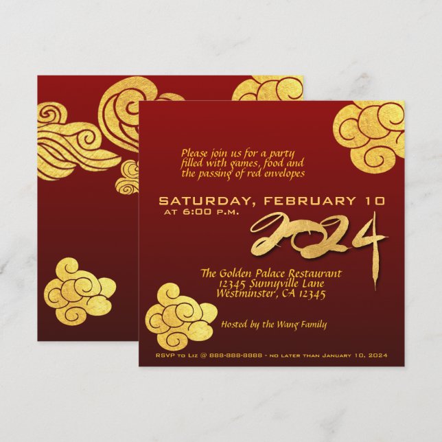 Chinese New Year Dragon paper-cut 2024 Gold Clouds Invitation (Front/Back)