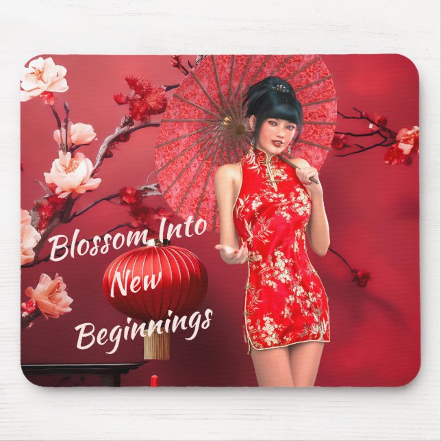 Chinese New Year Girl with a Red Umbrella Mouse Pad (Front)