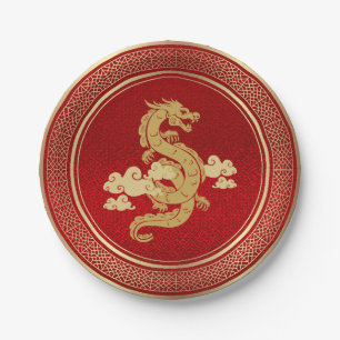Chinese New Year Gold Dragon and Red Foil Paper Plate