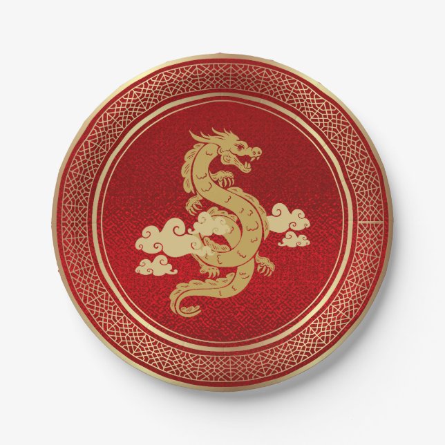 Chinese New Year Gold Dragon and Red Foil Paper Plate (Front)