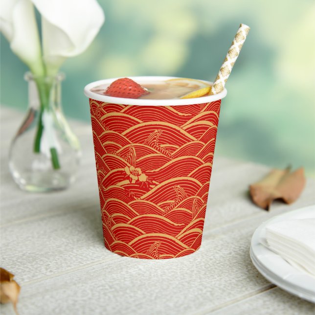 Chinese New Year Gold Wave Art Pattern Floral Red Paper Cups (Insitu)