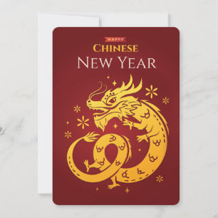  Chinese New Year Golden Coloured Dragon on Red Invitation
