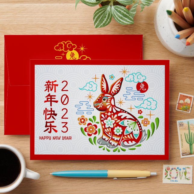Chinese New Year Hong Bao Bold Papercut Rabbit Red Envelope (Desk)