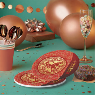 Chinese New Year Horse 2026 Red Gold PPRP Paper Plate