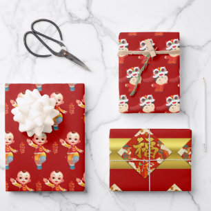 Chinese New Year Kids Fu Ideogram patterns W3PS Wrapping Paper Sheet