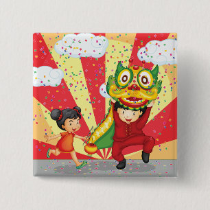 Chinese New Year Kids Lion Dance and Lantern 2 Inch Square Button