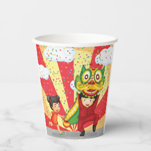 Chinese New Year Kids Lion Dance and Lantern Paper Cups