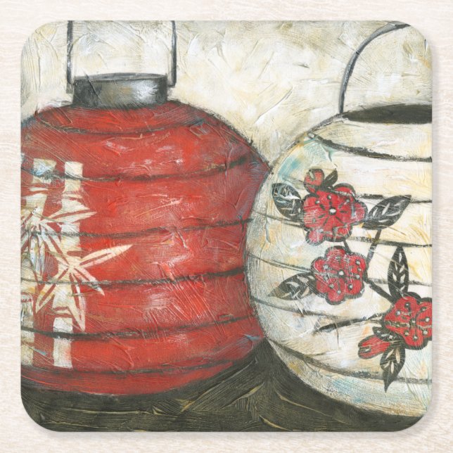 Chinese New Year Lanterns with Floral Print Square Paper Coaster (Front)