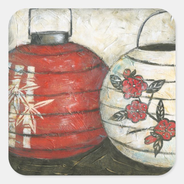 Chinese New Year Lanterns with Floral Print Square Sticker (Front)