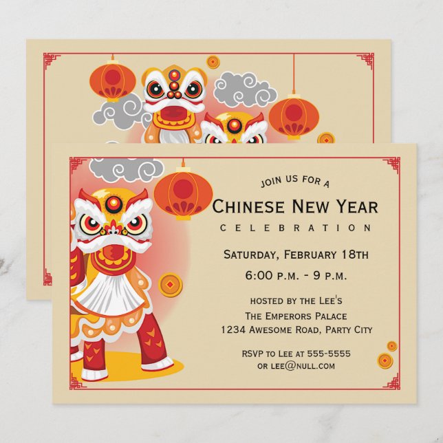 Chinese New Year Lion Dancer Invitation (Front/Back)