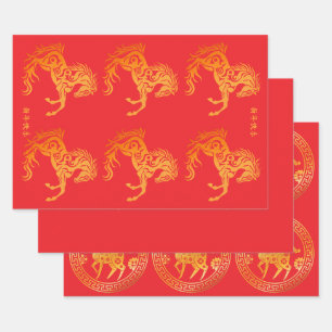 Chinese New Year Lunar 2026 Gold HORSE 中国传统新年 Red  Wrapping Paper Sheet