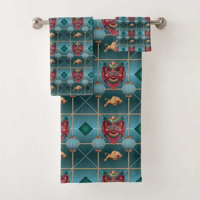 Chinese New Year of Ox - Green Check Pattern Bath Towel Set (Insitu)