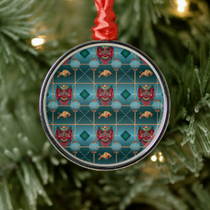 Chinese New Year of Ox - Green Check Pattern Metal Ornament