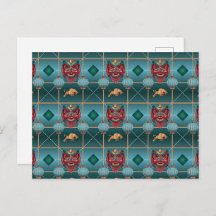 Chinese New Year of Ox - Green Check Pattern Postcard