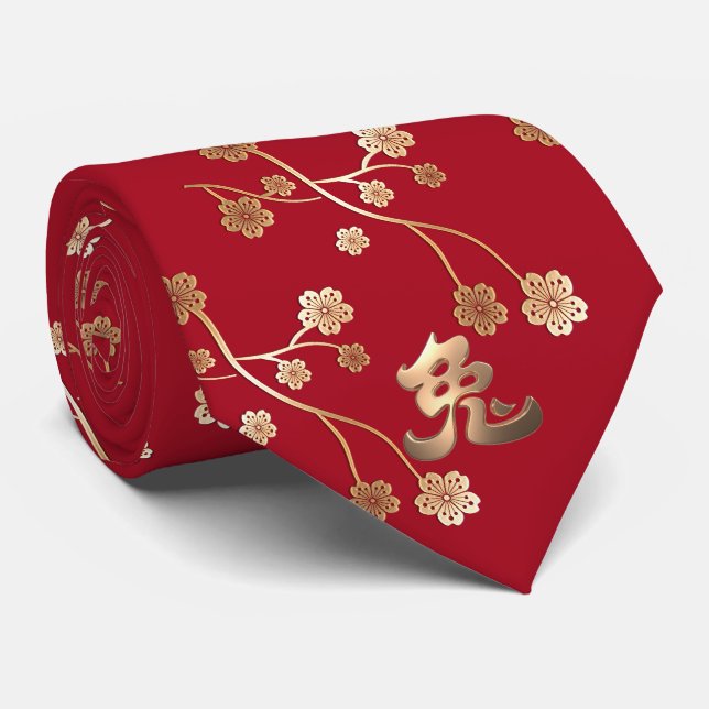 Chinese New Year of Rabbit 2023 Red Golden Floral Tie (Rolled)