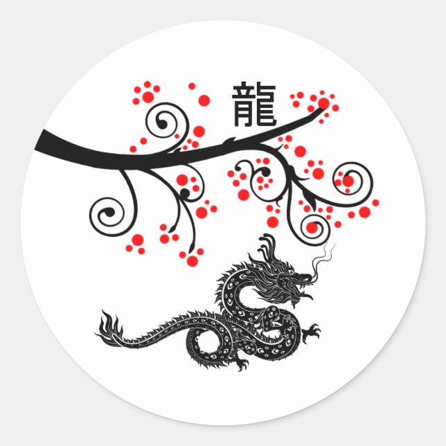 Chinese New Year of the Dragon and Red Blossoms Classic Round Sticker (Front)