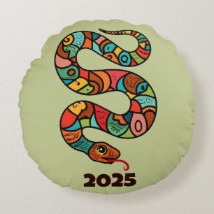Chinese New Year Of The Green Wood Snake 2025 Round Pillow