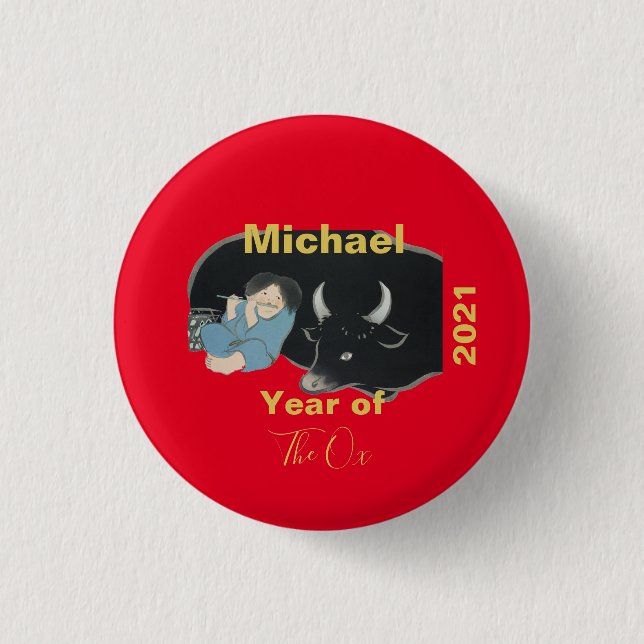 Chinese New Year of the Ox  2021 Red Personalized 1 Inch Round Button (Front)