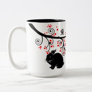 Chinese New Year of the Rabbit and Red Blossoms Two-Tone Coffee Mug