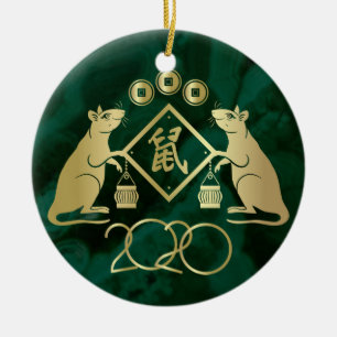 Chinese New Year of the Rat - Malachite and Gold Ceramic Ornament