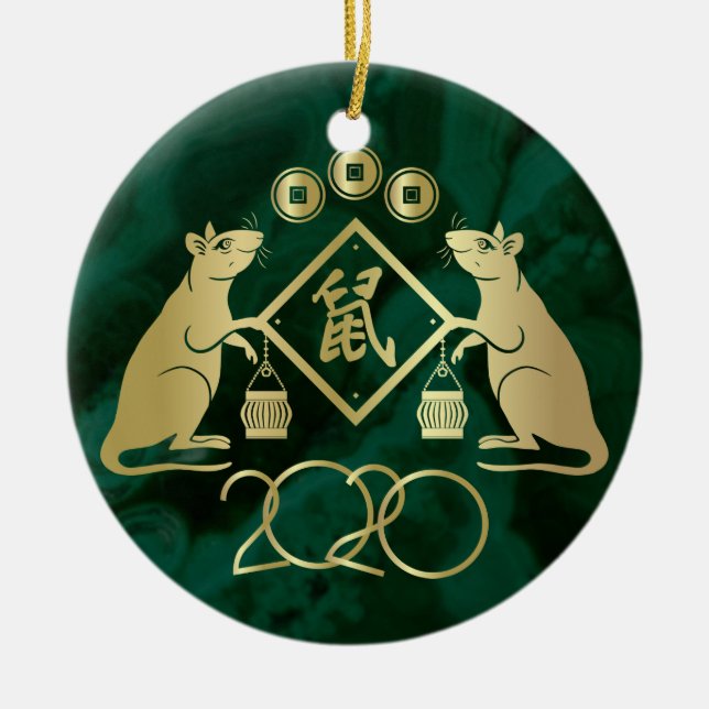 Chinese New Year of the Rat - Malachite and Gold Ceramic Ornament (Front)