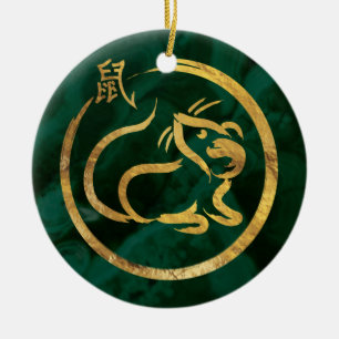 Chinese New Year of the Rat - Malachite and Gold Ceramic Ornament