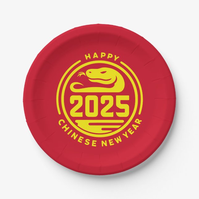 Chinese New Year of the Snake Modern Red Gold 2025 Paper Plate (Front)