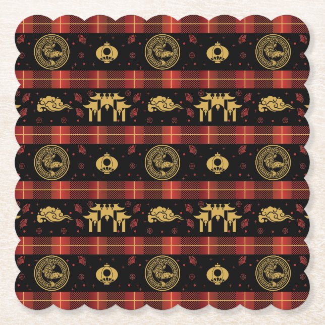 Chinese New Year of Tiger Red Check Pattern Paper Coaster (Front)