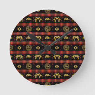 Chinese New Year of Tiger Red Check Pattern Round Clock