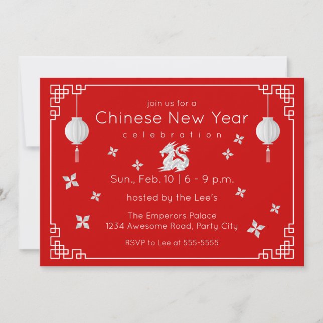 Chinese New Year Origami Dragon, red Invitation (Front)
