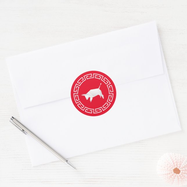 Chinese New Year Origami Ox, red Classic Round Sticker (Envelope)