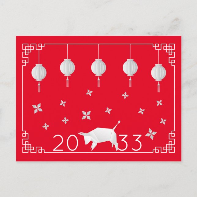 Chinese New Year Origami Ox, red Postcard (Front)