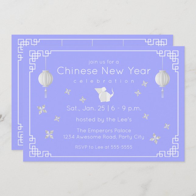 Chinese New Year Origami Rat, light blue Invitation (Front/Back)