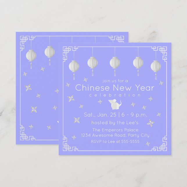 Chinese New Year Origami Rat, light blue Invitation (Front/Back)