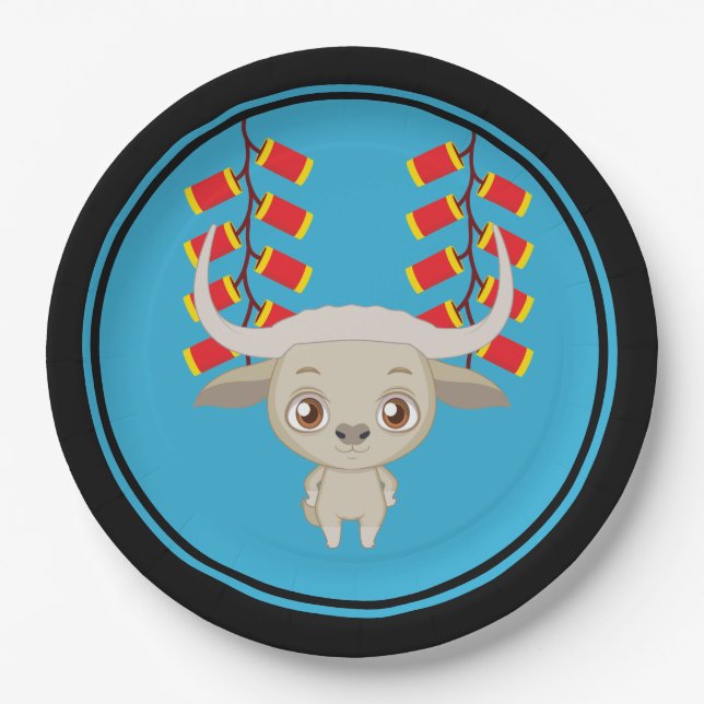 Chinese New Year Ox & Chinese Firecrackers Paper Plate (Front)
