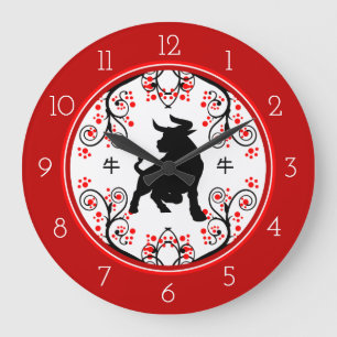 Chinese New Year Ox with Red Blossoms Large Clock
